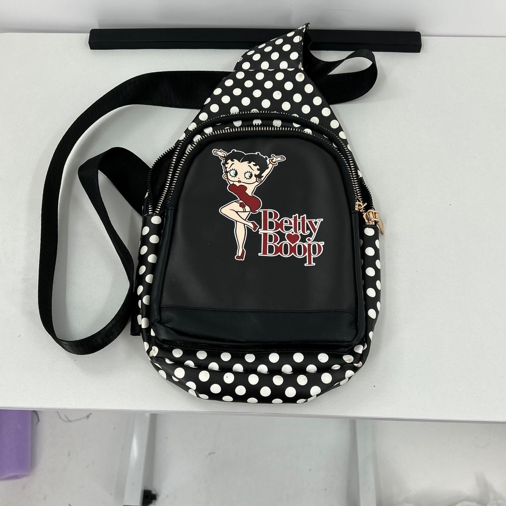 Betty Boop Polka Dot Sling Backpack Black White Crossbody Bag Retro Graphic